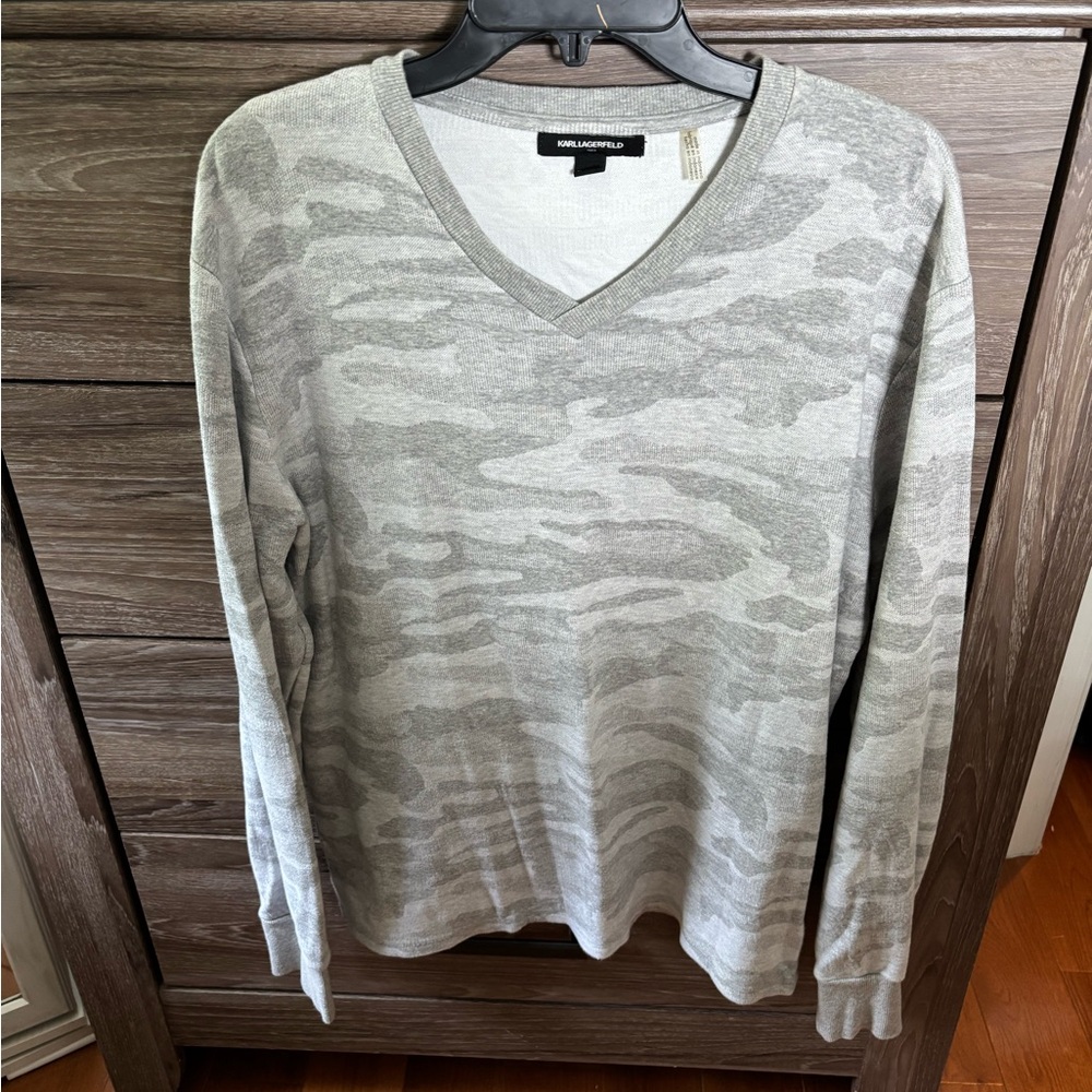 Karl Lagerfeld Gray Camo V-Neck Men's Sweater